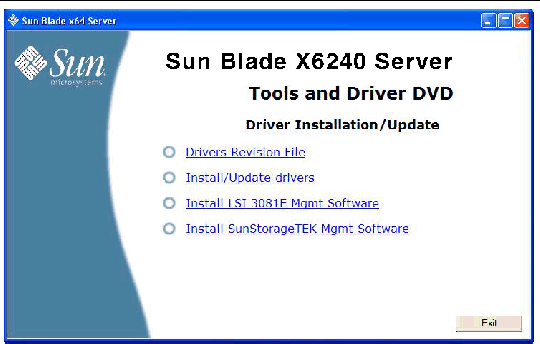 Screen shot of the Sun Blade X6240 Server Tools and Driver DVD Driver Installation/Update dialog box