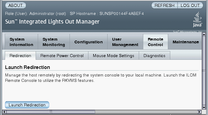 Screen shot of ILOM Remote Control - Redirection page