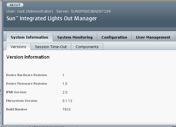 Screen shot of ILOM Version page