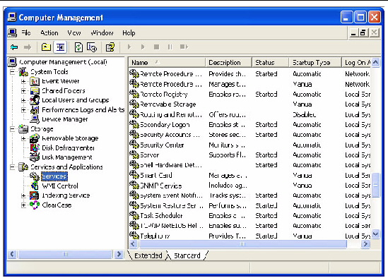 Screen shot shows the Windows Computer Management screen, with Services highlighted in the right pane.