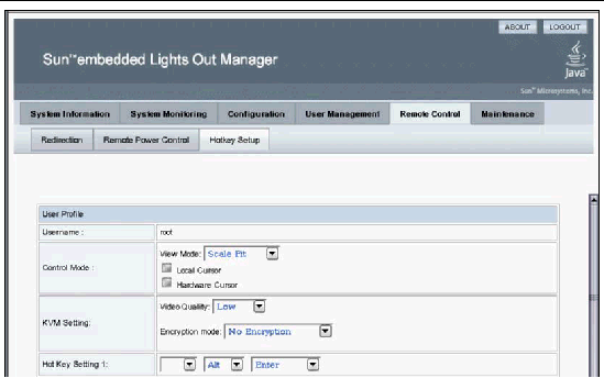A screenshot of teh Remote Control, Hotkey Setup screen.Graphic showing keyboard, video and mouse selections