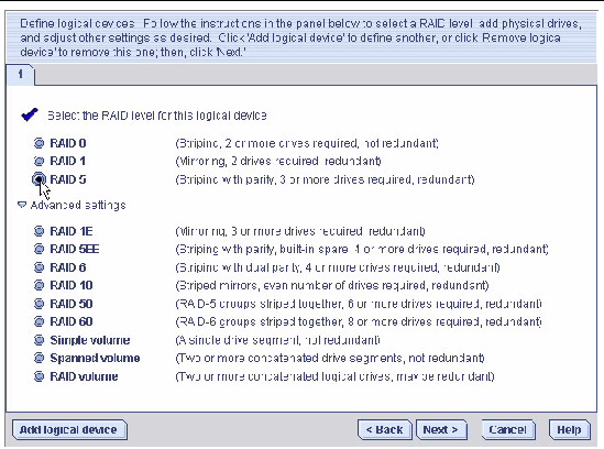 Screen shot shows the available RAID levels and buttons to select advanced settings. RAID 5 is selected.