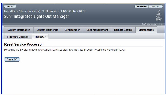ILOM Reset Service Processor Window