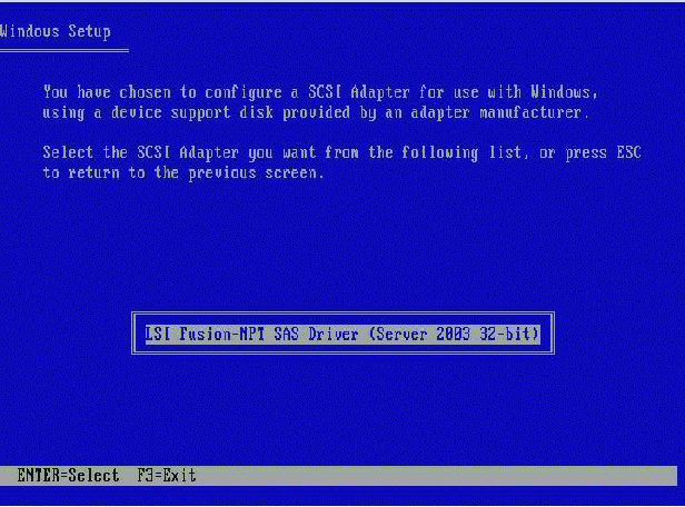 Screen shot of Select SCSI Adapter screen