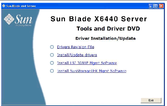 Screen shot of the Sun Blade X6440 server module Tools and Driver DVD Driver Installation/Update dialog box