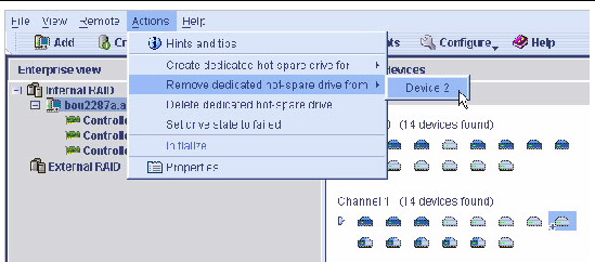 Screen shot of the Remove dedicated hot-spare drive from device menu option.