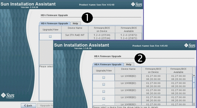 Graphic showing discovered HBA device screen with installed and available firmware upgrades.