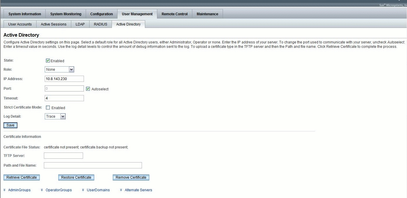 Graphic showing configuration page of Active Directory Web Interface