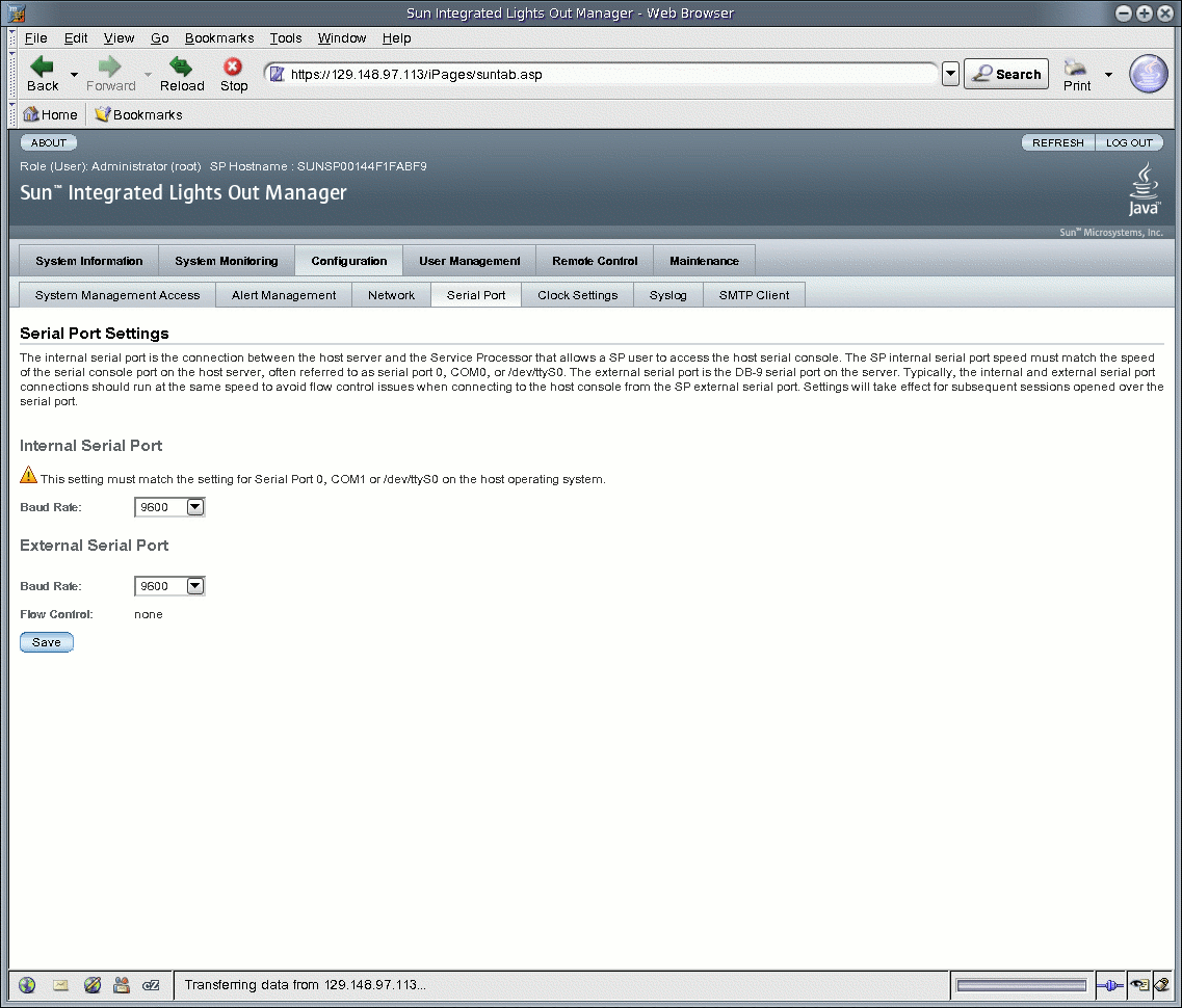 Graphic showing Serial Port Settings page