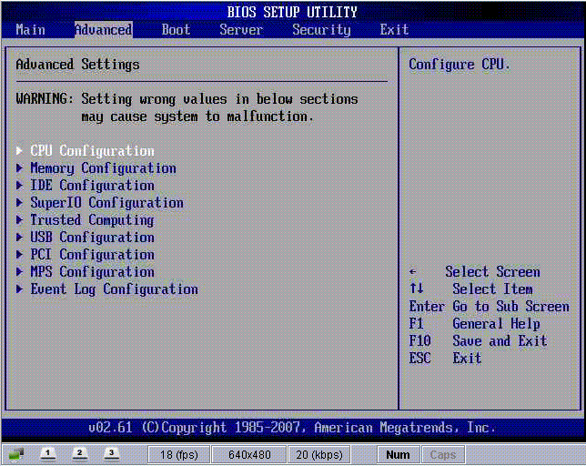Screenshot of the BIOS Setup Utility Advanced screen.
