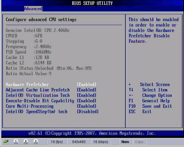 Screenshot of the BIOS Setup Utility Advanced CPU screen.