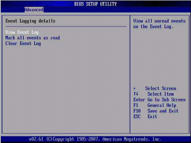 Screenshot of the BIOS Setup Utility Advanced Event Logging Sscreen.