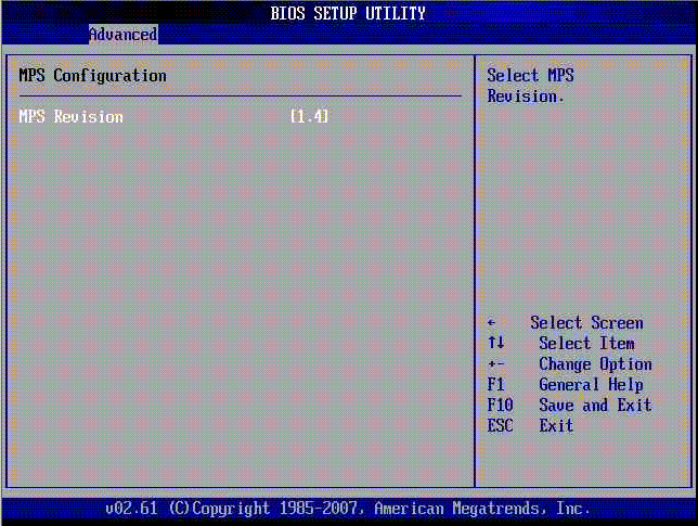 Screenshot of the BIOS Setup Utility Advanced MPS Configuration screen.