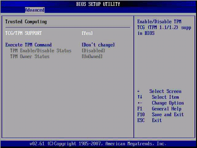 Screenshot of the BIOS Setup Utility Advanced Trusted Computing screen.