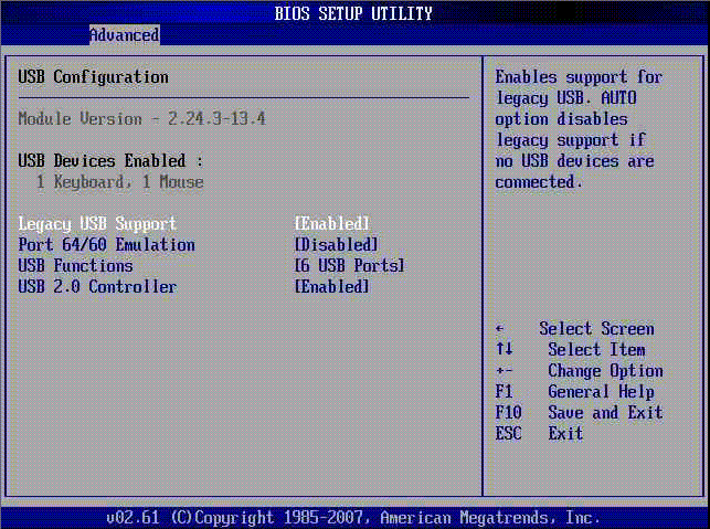 Screenshot of the BIOS Setup Utility Advanced USB Configuration screen.