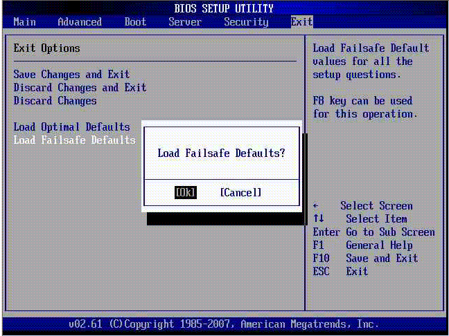 Screenshot of the BIOS Setup Utility Exit Load Failsafe Defaults Sscreen.