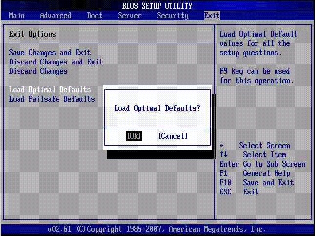 Screenshot of the BIOS Setup Utility Exit Load Optimal Defaults Sscreen.