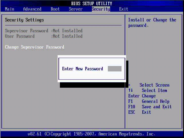 Screenshot of the BIOS Setup Utility Security Change Supervisor Password Sscreen.