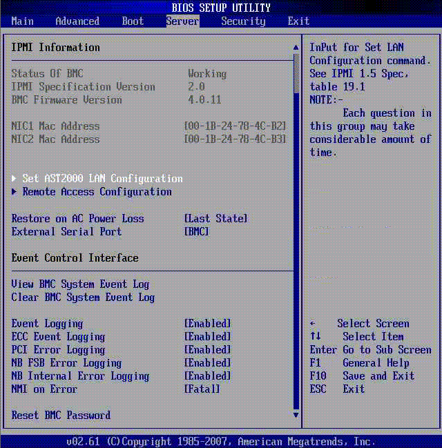 Screenshot of the BIOS Setup Utility Server Sscreen.