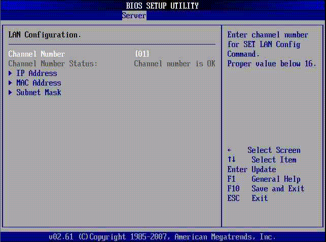 Screenshot of the BIOS Setup Utility Server LAN Configuration Sscreen.