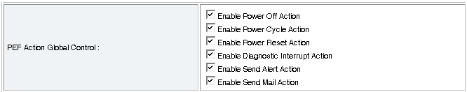 A screenshot showing the PEF Action Global Control section of the Platform Event Filter screen.