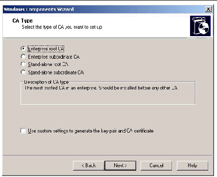 Screenshot of the CA Type Windows Components Wizard screen.Screenshot of Public and Private Key Pair screen of the Windows Component Wizard.