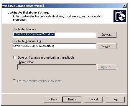 Screenshot of Certificate Database Settings screen of the Windows Components Wizard.