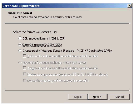 A screenshot showing the Certificate Export Wizard.