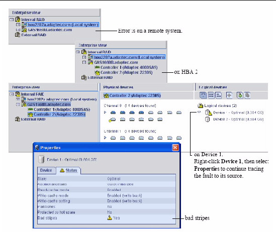 Figure shows several screen shots with callouts to highlight the locations of the yellow error icons.