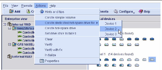 Screen shot of the Create dedicated hot-spare drive menu option.
