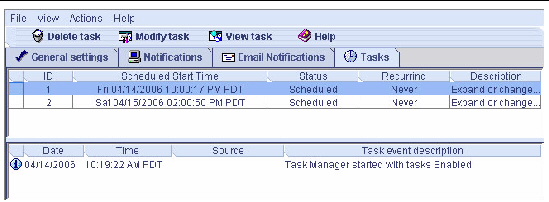 Screen shot showing the Task Manager. Callouts point to the Tasks tab, the Task List, and the Task Event Log.