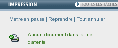 Capture d'écran de la zone d'impression du bureau Web où figurent le nombre de travaux en attente et les commandes de gestion des travaux d'impression