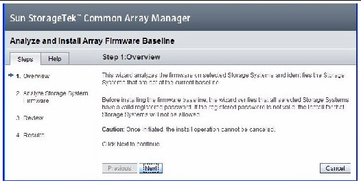 Figure showing CAM Analyze and Install Array Firmware Baseline wizard.