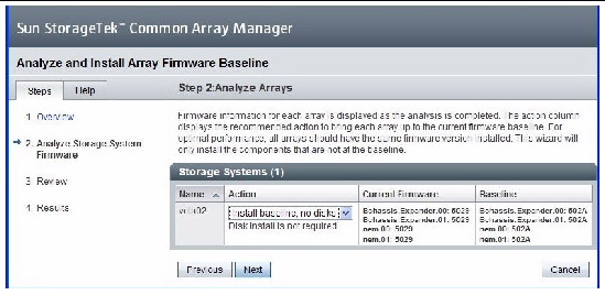 Figure showing next CAM Analyze and Install Array Firmware Baseline wizard screen.
