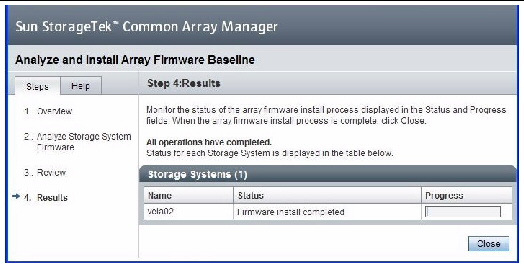 Figure showing final CAM Analyze and Install Array Firmware Baseline wizard screen.