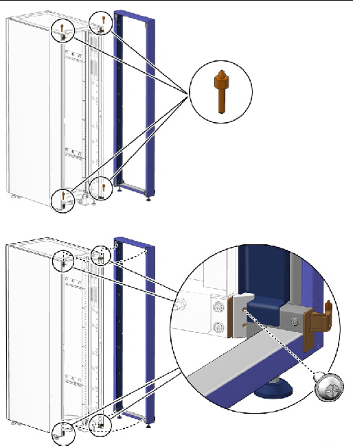 This figure shows four hinge pins, the cabinet extension lifting onto the hinge pins, and the angle bracket screws securing the extension.