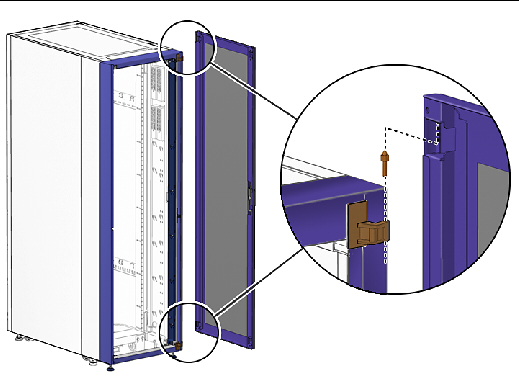 Figure shows the door being lifted onto two hinges. Purple doors can be mounted on the left or right side.