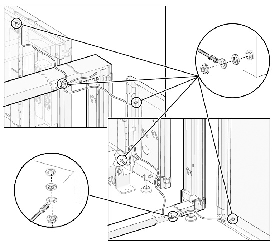 This figure shows the ground cable mount points between the rack, cabinet extension, and door at either the top or the bottom.