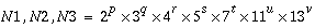 N1, N2, N3=2^{p}\times 3^{q}\times 4^{r}\times 5^{s}\times 7^{t}\times 11^{u}\times 13^{v}