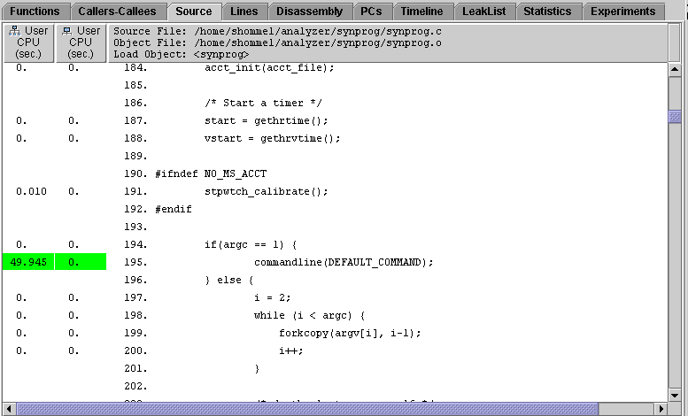 Source tab showing selected line highlighted in blue, and high metric values highlighted in green.