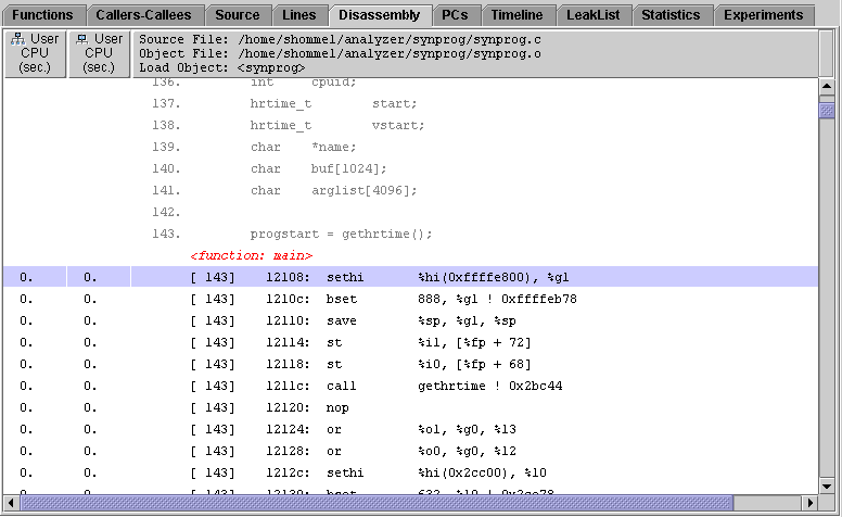 Disassembly tab showing source lines interleaved with disassembly lines.