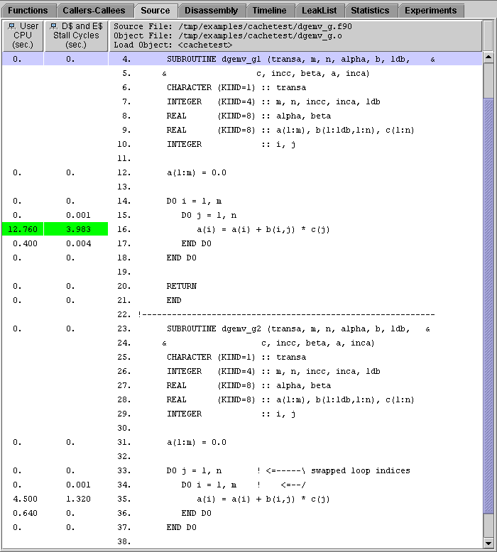 Source tab showing annotated source code for dgemv_g1 and dgemv_g2.