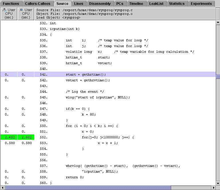 Source tab showing annotated source code for function icputime.