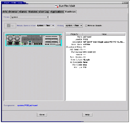 Screen shot showing the rear physical view for the Sun Fire V240.