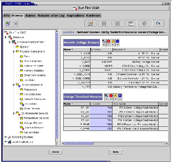 Screen shot of a browser view for the Sun Fire V240 showing physical components, device information and environmental sensors.