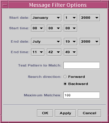 Message filter options window shows options for defining filters as described in the following steps.