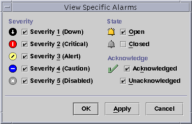 View Specific Alarms selection window shows all open alarms of all severities to be displayed.
