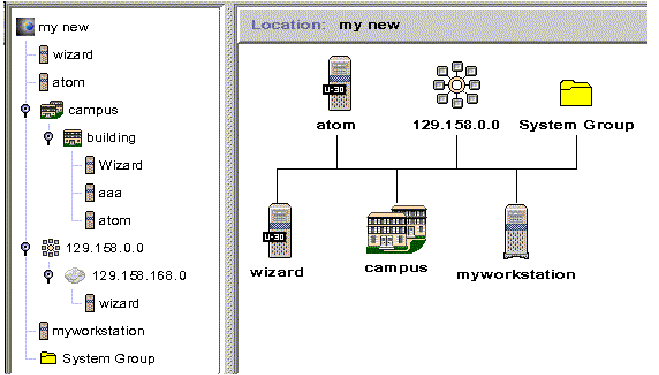 Partial Sun Management Center console window shows a fairly small network that has a campus, three host objects, a subnet, and a folder.