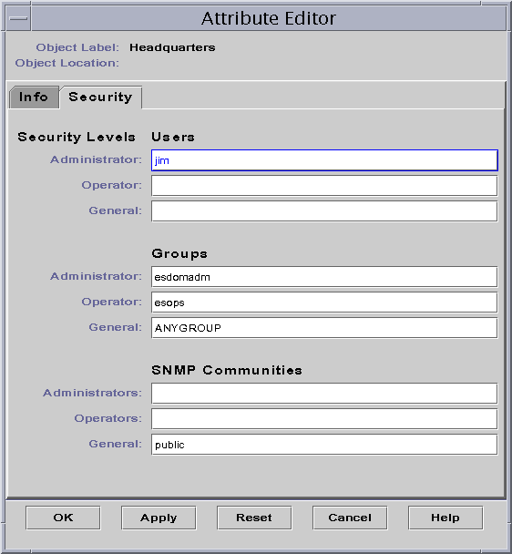 Attribute Editor window with Security tab selected shows one administrator user, default groups, and default SNMP communities.
