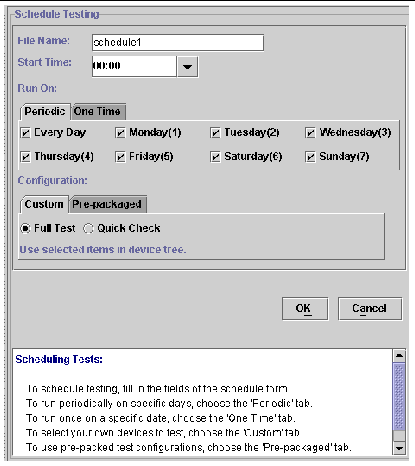 Screen shot showing the Schedule Form. Fields are test name, start time, run schedule, and configuration options.